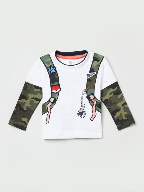 

max Boys White & Olive Green Camouflage Printed T-shirt