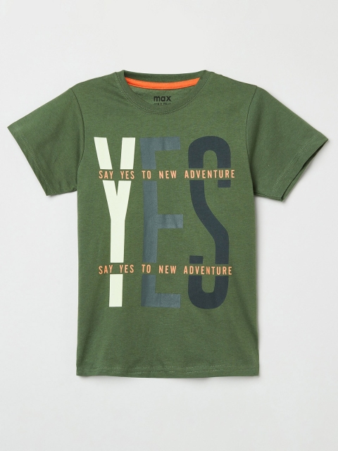 

max Boys Olive Green & Off White Typography Printed T-shirt