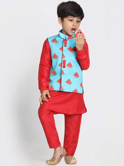 

VASTRAMAY Boys Red & Blue Floral Layered Kurta with Trousers & Nehruc Jacket