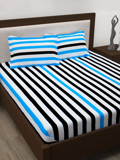 

Story@home White & Blue Pure Cotton Striped 186 TC 3 Queen Bedsheet with 6 Pillow Covers