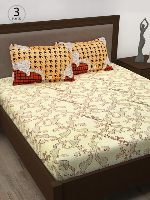 

Story@home Cream-Coloured Printed 186 TC Pack Of 3 Queen Bedsheet with Pillow Covers Set