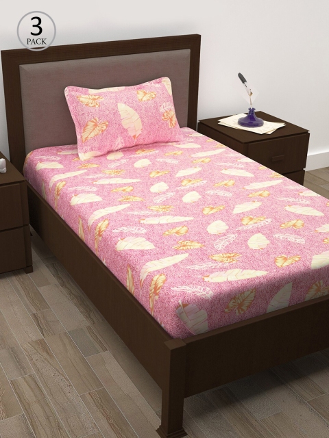 

Pink & Cream-Coloured Floral 208 TC 3 Single Bedsheet with 3 Pillow Covers