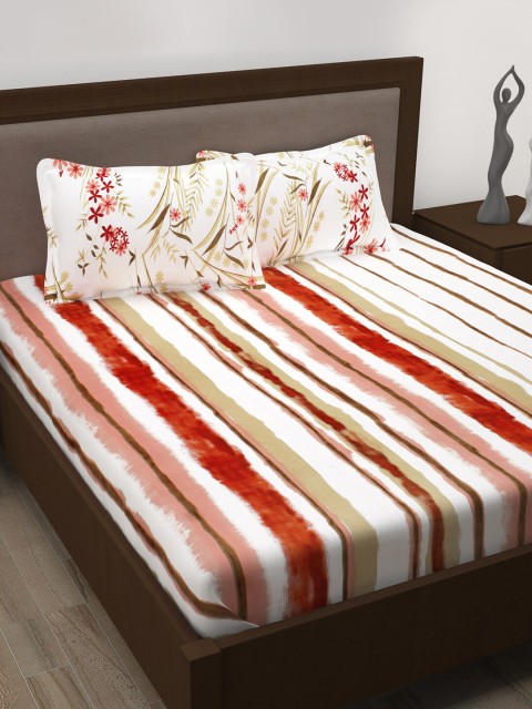 

Story@home White & Rust Pure Cotton Striped 186 TC 3 Queen Bedsheet with 6 Pillow Covers