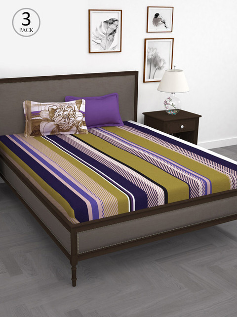

Story@home White & Blue Striped 186 TC 3 Queen Bedsheet with 6 Pillow Covers