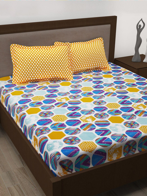 

Story@home Yellow & Blue 186 TC 3 Queen Bedsheet with 6 Pillow Covers