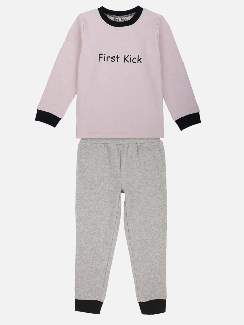 

First Kick Boys Pink & Grey Printed Pure cotton T Shirt with Pyjama Set