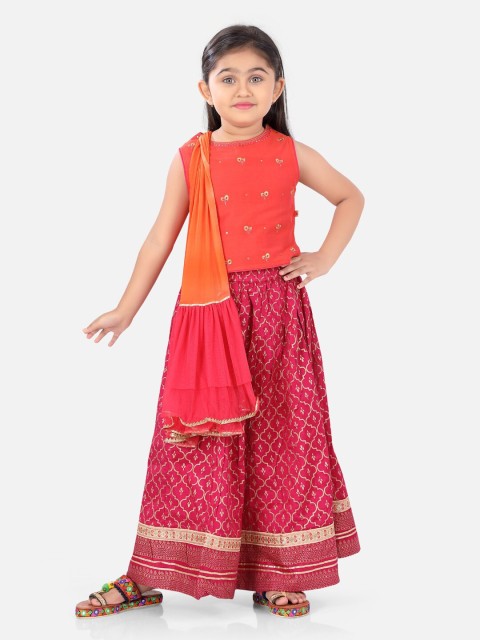 

Ashneeta Girls Orange & Fuchsia Embroidered Thread Work Khari Print Ready to Wear Lehenga & Blouse With