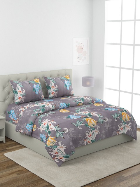 

ROMEE Grey & White Floral Printed Pure Cotton Reversible King Bedding Set