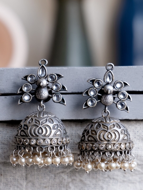 

Infuzze Silver-Toned Dome Shaped Jhumkas Earrings
