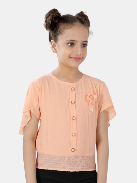 

POPLINS Peach-Coloured Flutter Sleeves Blouson Top