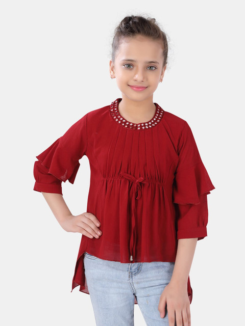

POPLINS Maroon Pleated High-Low Top with Tie Up