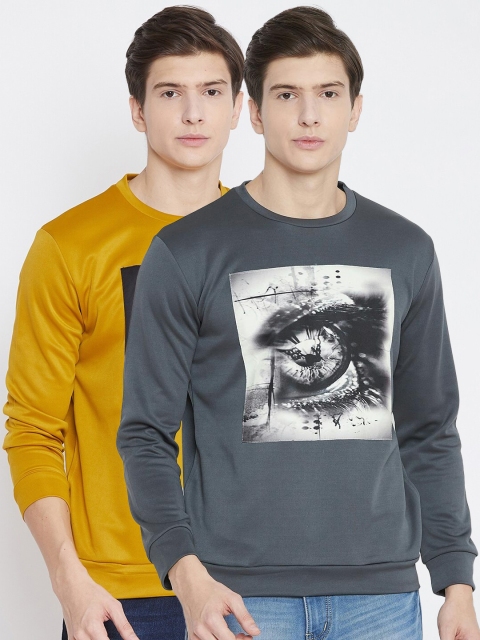 

armure Men Pack Of 2 Grey & Mustard Yellow Printed Sweatshirt