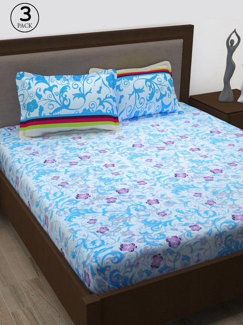 

Story@home Blue & Pink Pure Cotton Floral 186 TC 3 Queen Bedsheet with 6 Pillow Covers