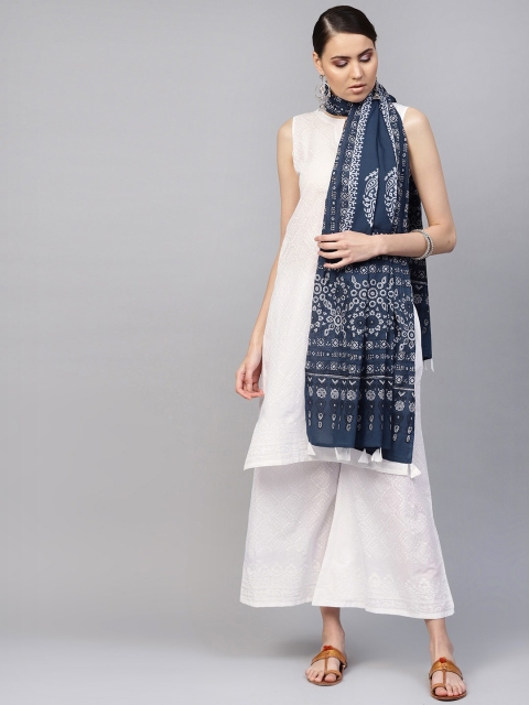 

Libas Women White Ethnic Motifs Colourblocked Panelled Pure Cotton Kurta with Palazzos & With Dupatta