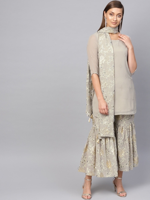 

Libas Women Grey Ethnic Motifs Embroidered Panelled Kurti with Sharara & With Dupatta