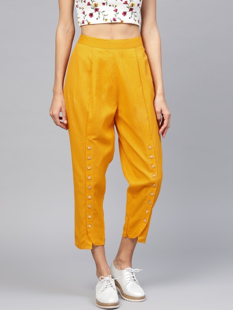 

Libas Women Yellow Straight Fit Cotton Pleated Trousers