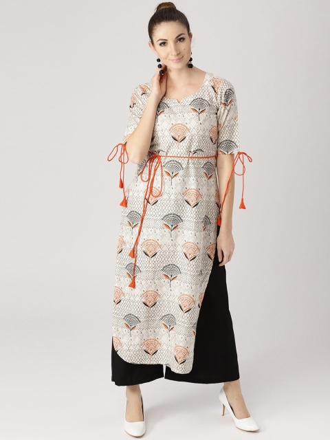 

Libas Women White Floral Printed Belted Detail Pure Cotton Pathani Kurta