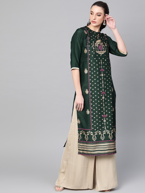 

Libas Women Green Ethnic Motifs Printed Block Print Straight Kurta