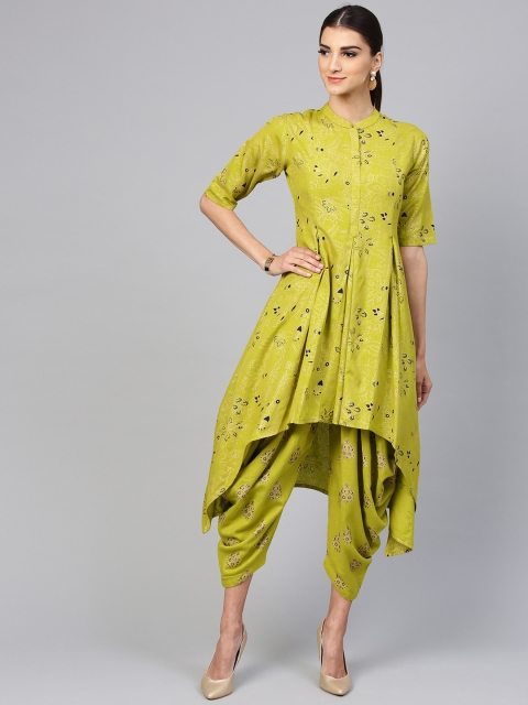 

Libas Women Green Floral Printed Pleated Pure Cotton Kurta with Dhoti Pants
