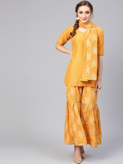 

Libas Women Yellow Floral Printed Kurta with Sharara & With Printed Dupatta