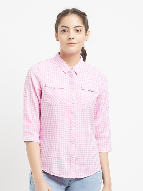 

Kraus Jeans Women Pink Micro Check Casual Cotton Shirt