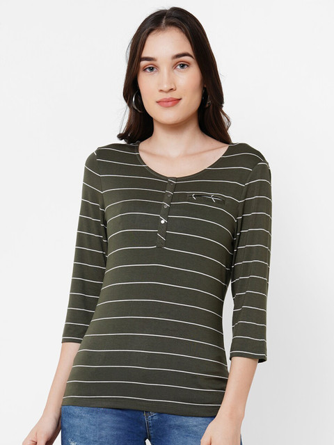 

Kraus Jeans Women Olive Green Striped Henley Neck T-shirt