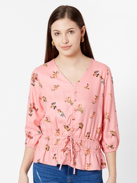

Kraus Jeans Peach-Coloured Floral Print Cinched Waist Top