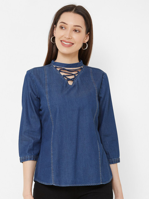 

Kraus Jeans Blue Choker Neck Pure Cotton Denim Top