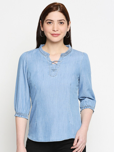 

Kraus Jeans Blue Mandarin Collar Denim Top