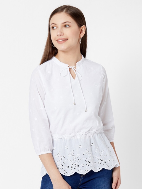 

Kraus Jeans White Tie-Up Neck Pure Cotton Cinched Waist Top