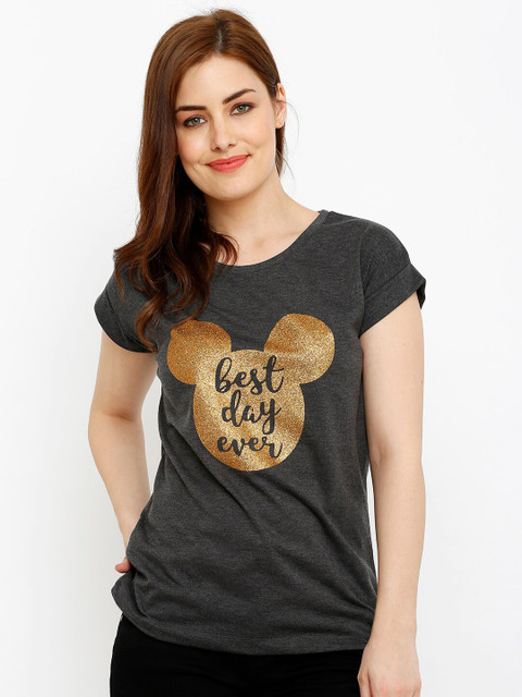 

Kraus Jeans Women Black Mickey Mouse Printed Extended Sleeves Cotton T-shirt