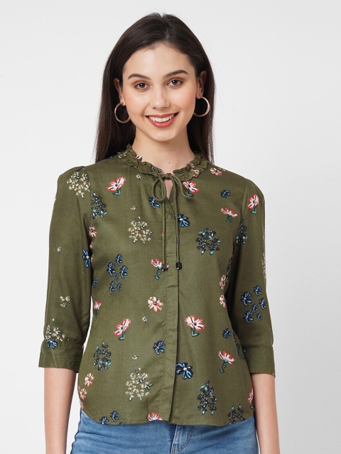 

Kraus Jeans Women Olive Green Floral Printed Casual Shirt