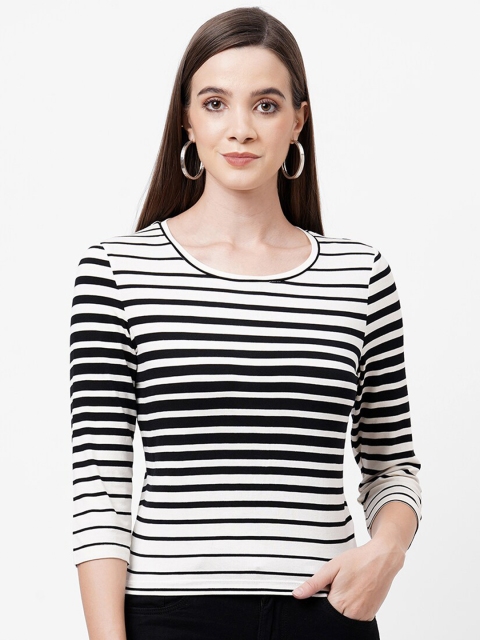 

Kraus Jeans Women Black & White Striped Monochrome T-shirt