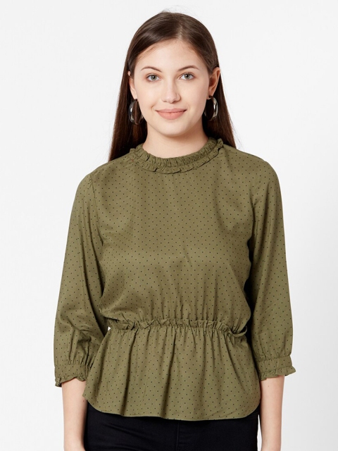 

Kraus Jeans Olive Green Printed Cinched Waist Top