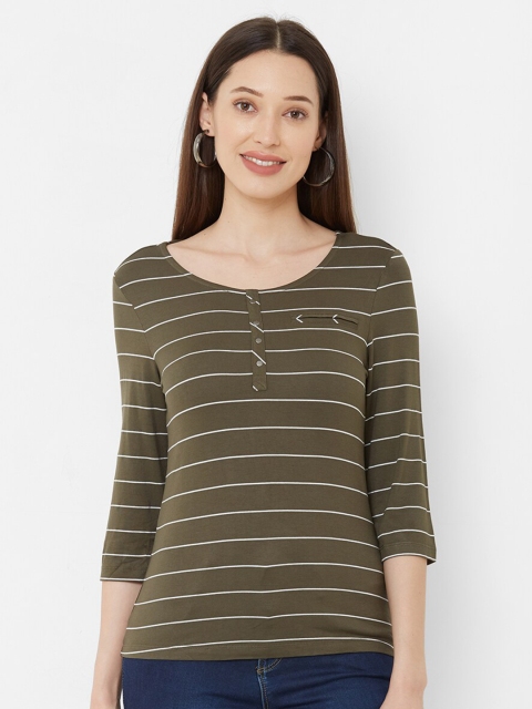 

Kraus Jeans Women Olive Green Striped Henley Neck T-shirt