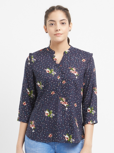

Kraus Jeans Navy Blue Floral Print Mandarin Collar Top