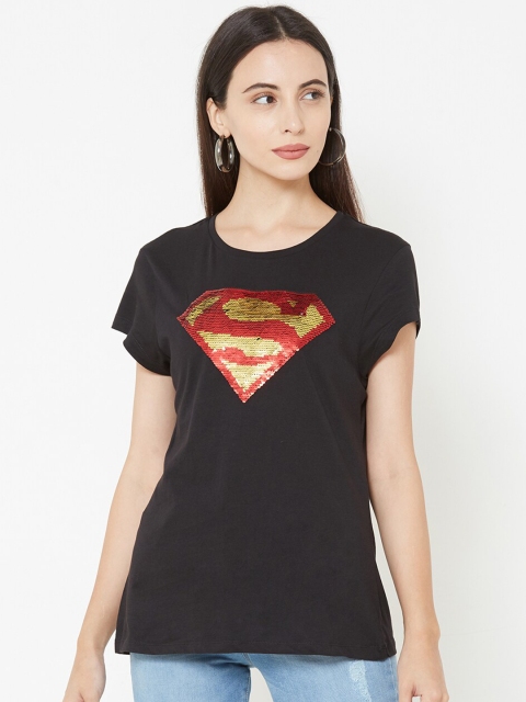 

Kraus Jeans Women Black Superman Sequinned Pure Cotton T-shirt
