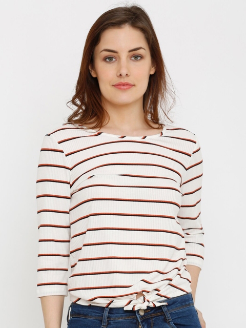 

Kraus Jeans Women Off-White & Red Striped T-shirt