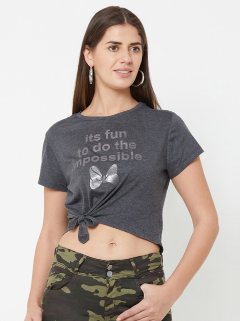 

Kraus Jeans Women Grey Melange Typography Printed Cotton Crop T-shirt