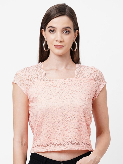 

Kraus Jeans Peach-Coloured Floral Lace Crop Top