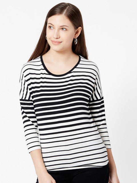 

Kraus Jeans Women Black & White Striped Monochrome T-shirt