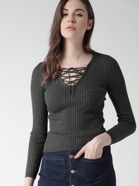 

FOREVER 21 Women Charcoal Grey Self-Striped Sweater