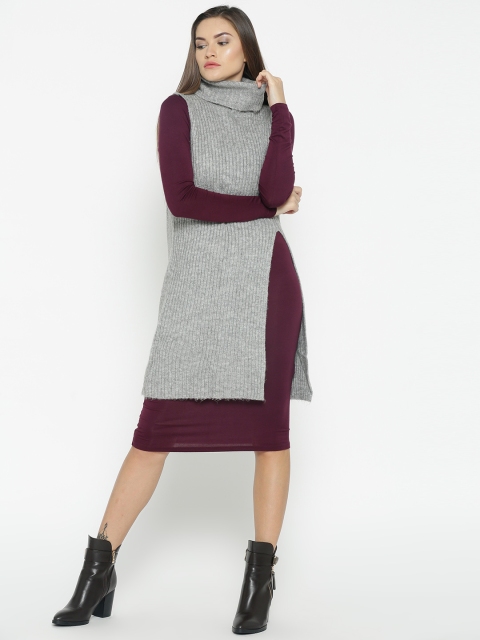 

FOREVER 21 Women Grey Melange Ribbed Sleeveless Longline Sweater