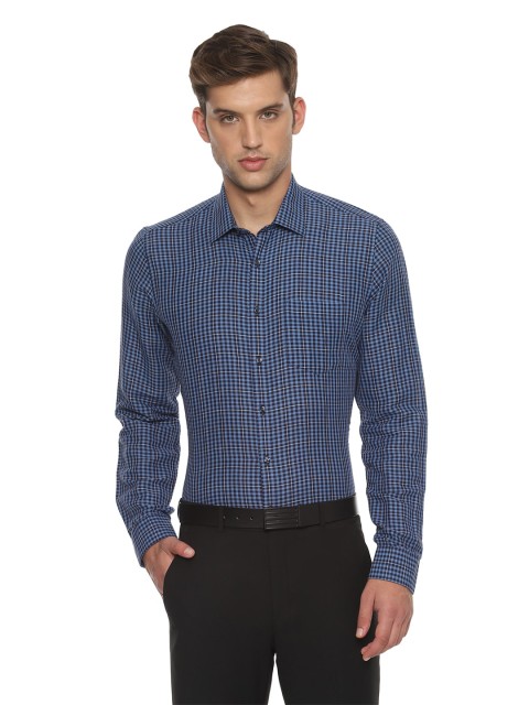 

Van Heusen Men Blue & Black Slim Fit Grid Tattersall Checks Cotton Linen Formal Shirt