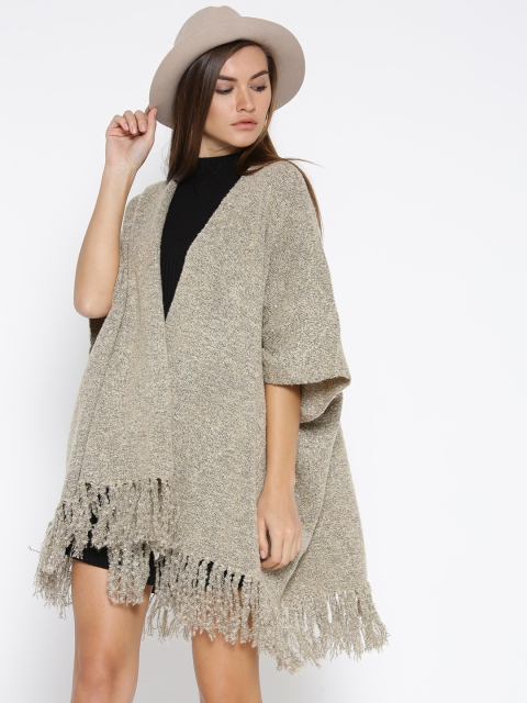 

FOREVER 21 Women Taupe Solid Poncho Sweater