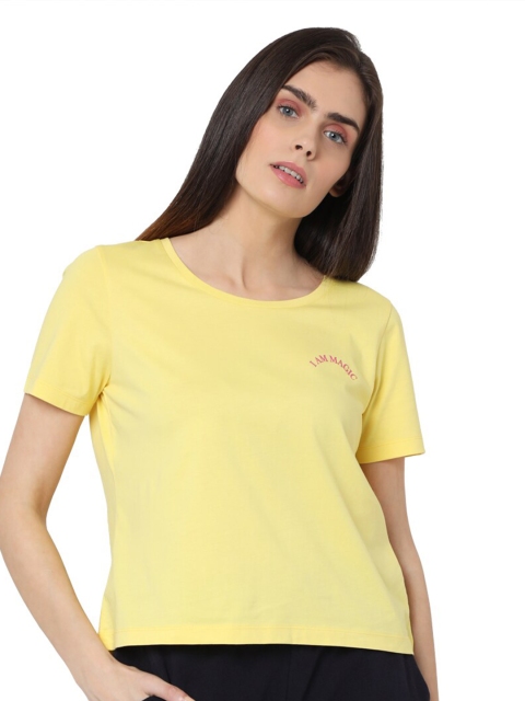

Vero Moda Women Yellow & Pink Typography Printed Cotton T-shirt