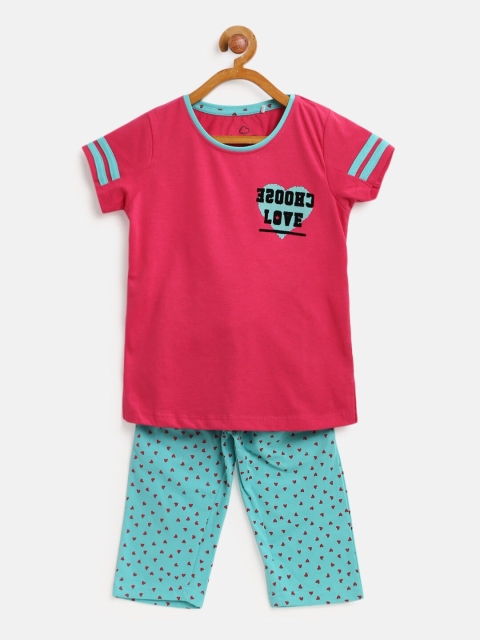 

Sweet Dreams Girls Pink & Blue Printed T-shirt & Capri Night Suit