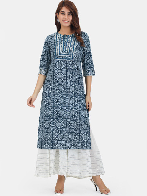 

Do Dhaage Women Navy Blue Printed Pure Cotton Kurta with Sharara