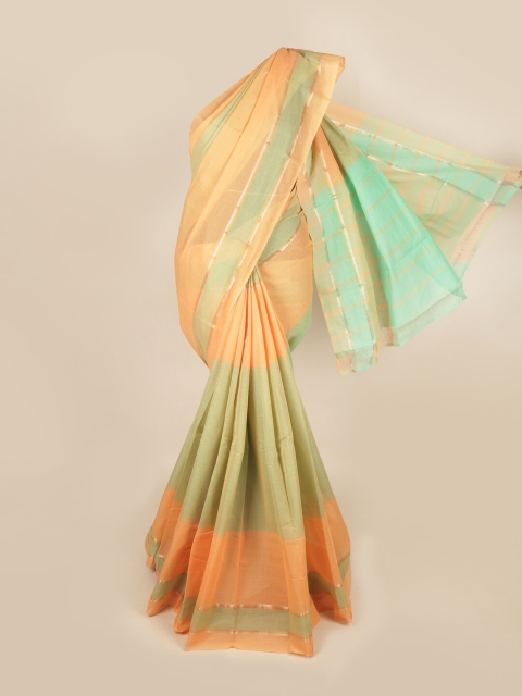 

Pothys Peach-Coloured & Green Colourblocked Zari Pure Cotton Saree
