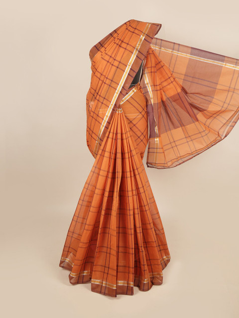 

Pothys Orange & Brown Checked Zari Pure Cotton Saree